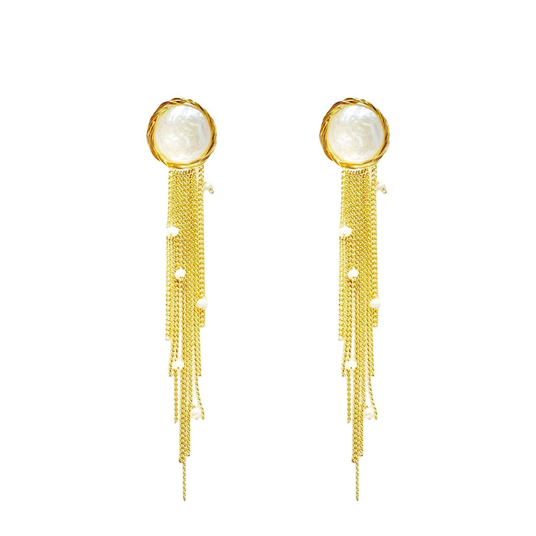 Gold Dangle Chain Baroque Pearl Earrings