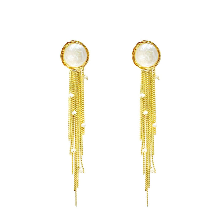 Gold Dangle Chain Baroque Pearl Earrings