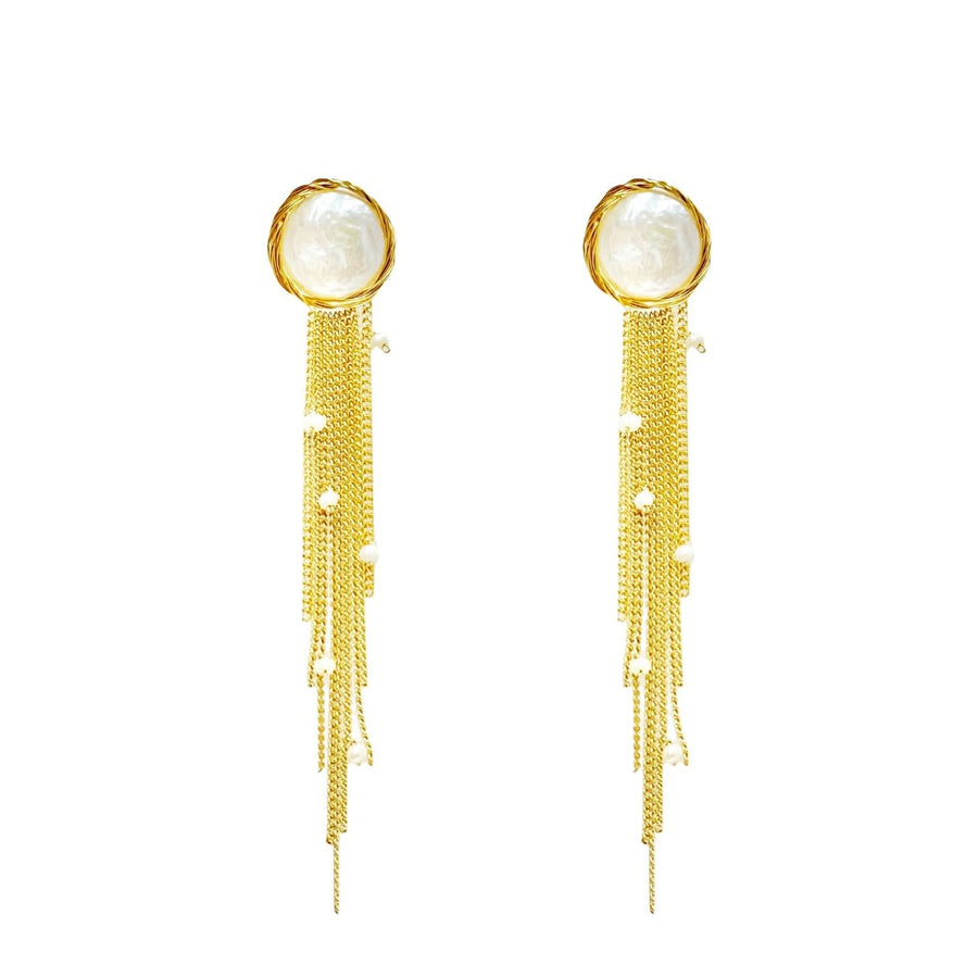 Gold Dangle Chain Baroque Pearl Earrings