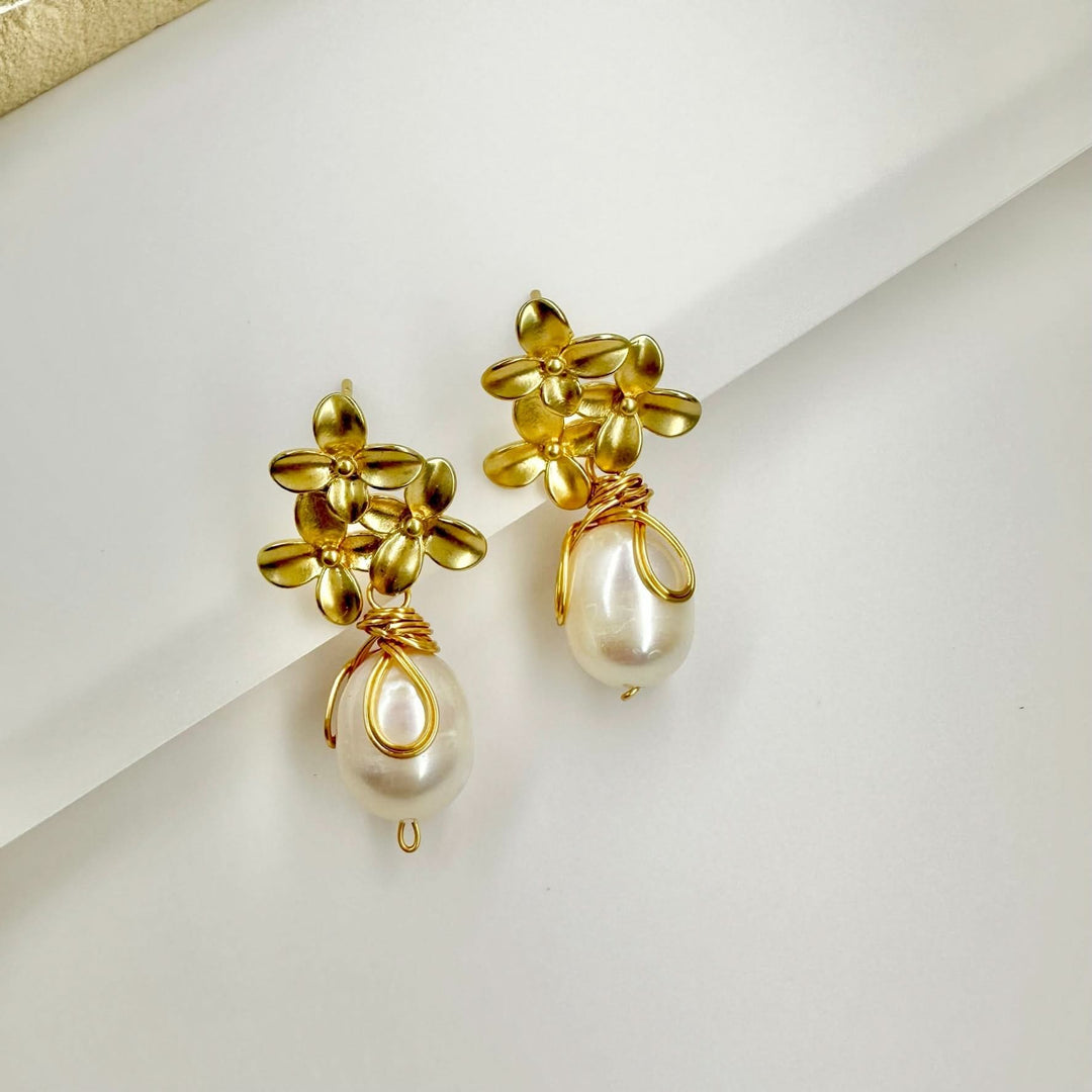 Gold Petal Pearl Drop Earrings