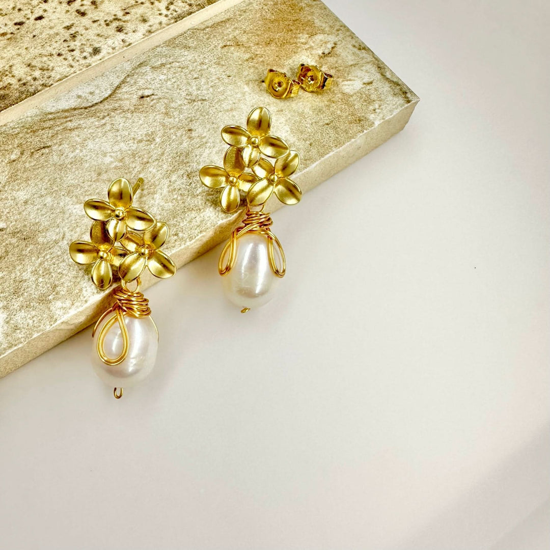 Gold Petal Pearl Drop Earrings