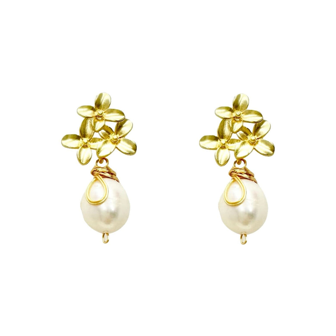 Gold Petal Pearl Drop Earrings