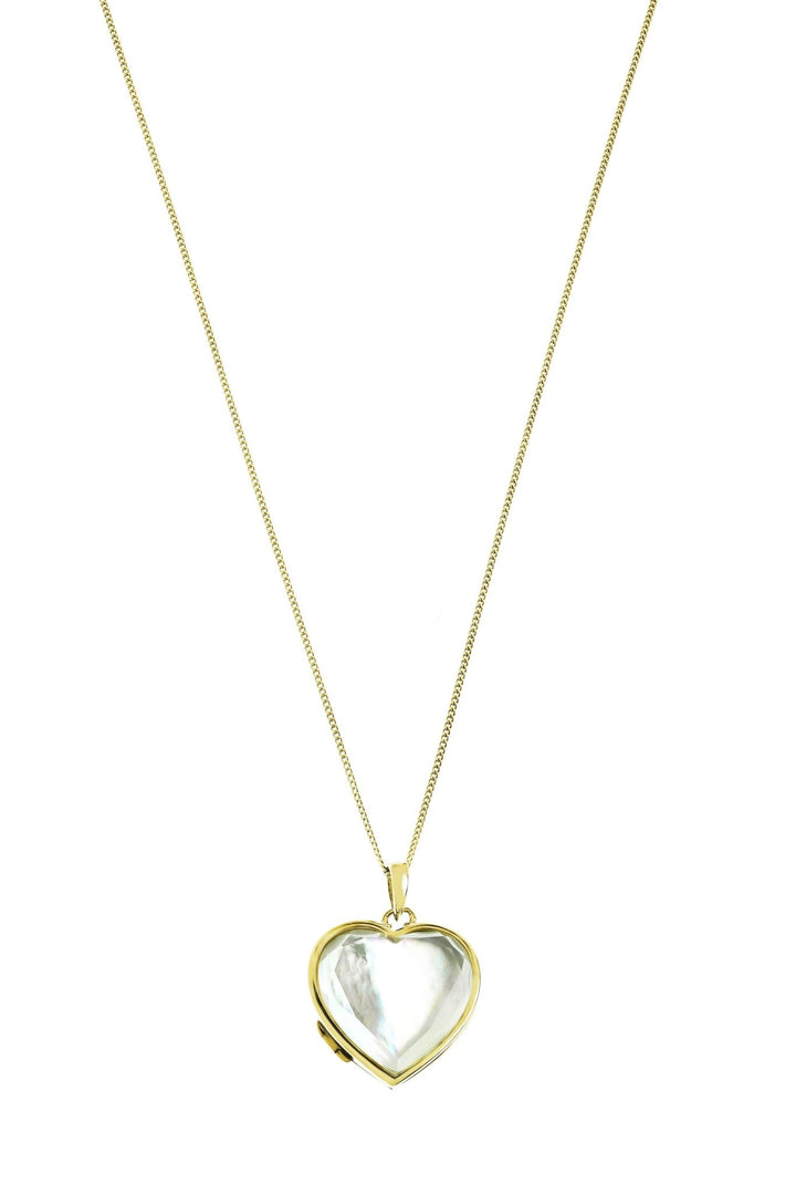 Gold Plated Sterling Silver Heart Mother of Pearl & Clear Quartz Locket NecklaceThe Fine CollectiveBA0071734