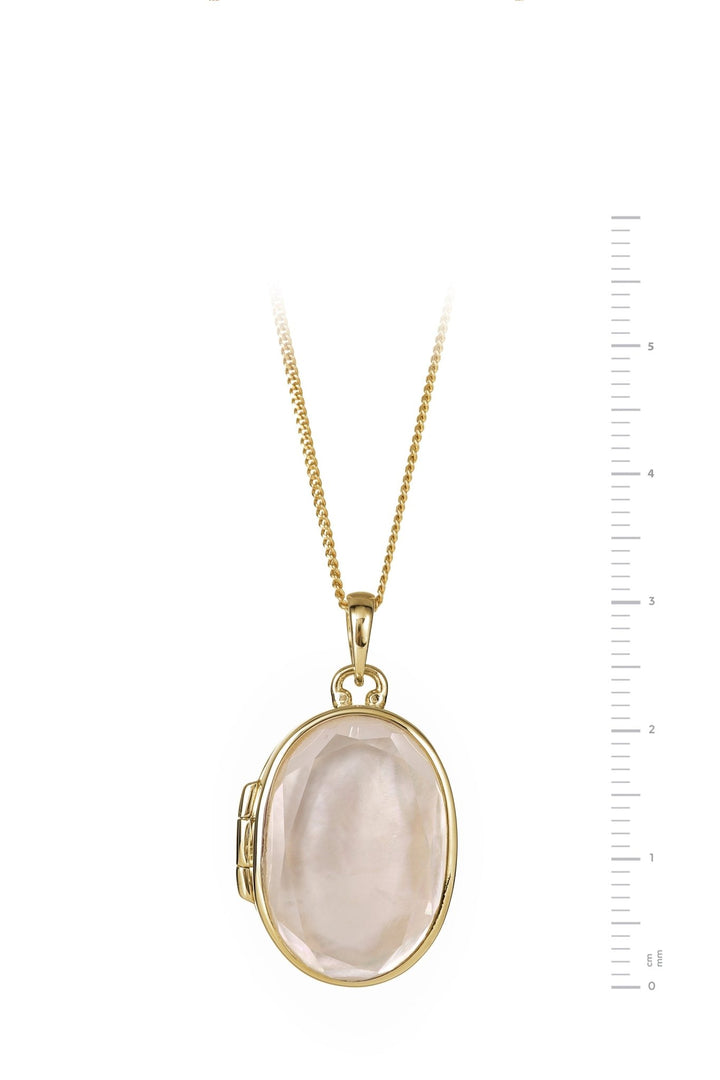 Gold Plated Sterling Silver Oval Mother Of Pearl & Clear Quartz Locket NecklaceThe Fine CollectiveBA0071733