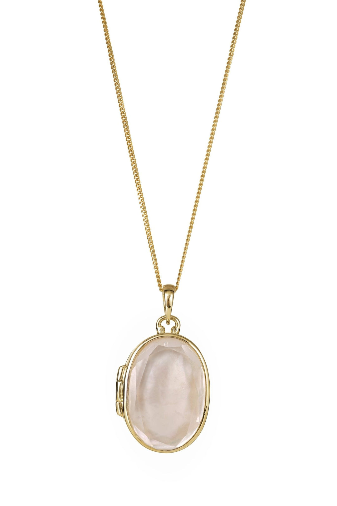 Gold Plated Sterling Silver Oval Mother Of Pearl & Clear Quartz Locket NecklaceThe Fine CollectiveBA0071733