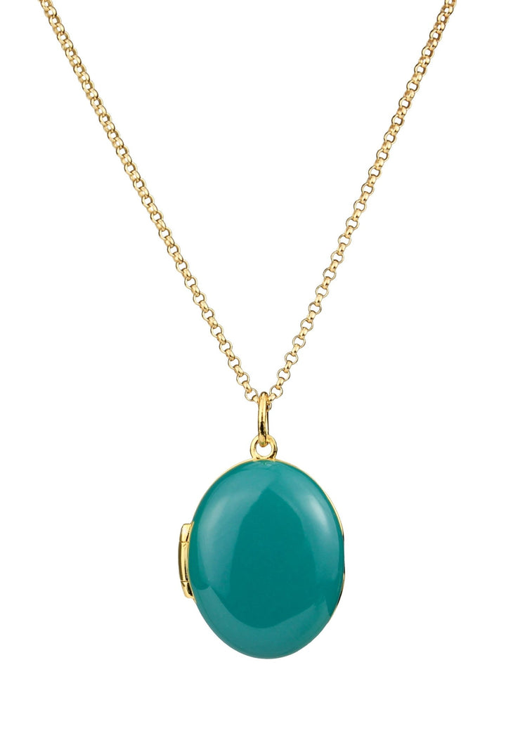 Gold Plated Sterling Silver Oval Teal Enamel Locket NecklaceThe Fine CollectiveBA0071821