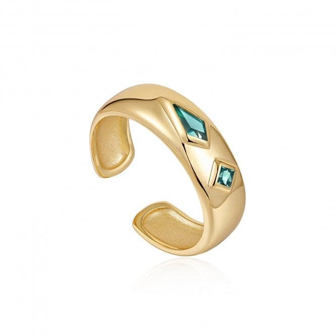 Gold Teal Sparkle Emblem Thick Band Ring R041 - 02G - GAnia HaieR041 - 02G - G