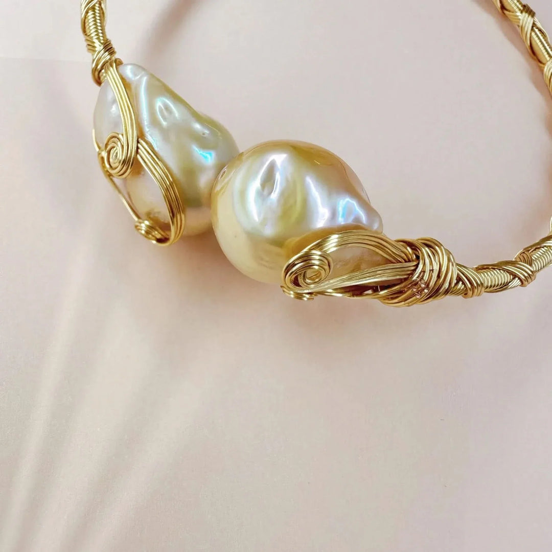 Elegant Baroque Pink Pearls with Gold Threads Bracelet