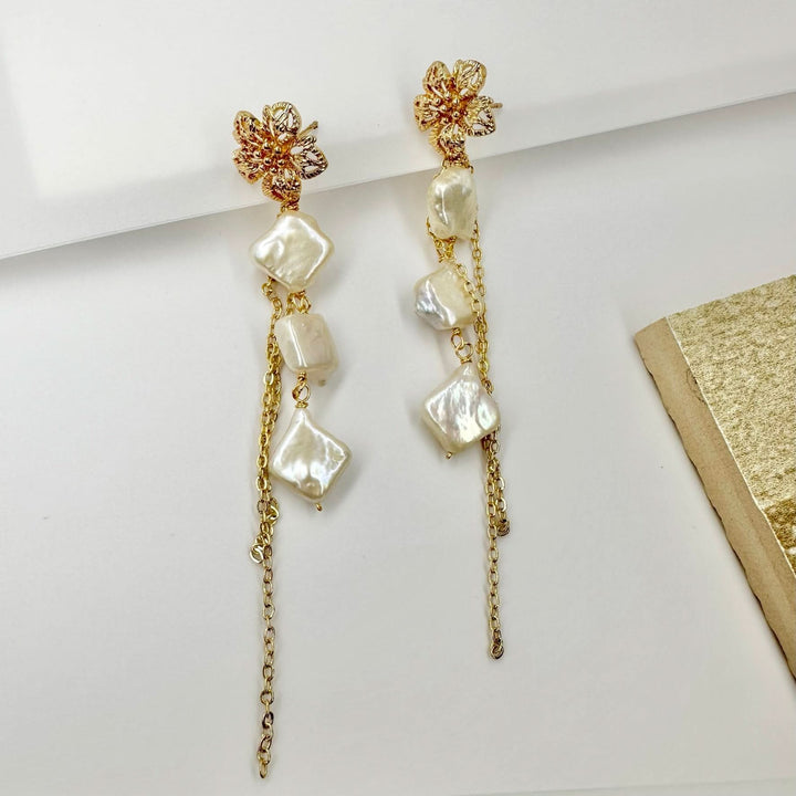 Gold Vermeil Flower Dangle Pearl Chain Earrings