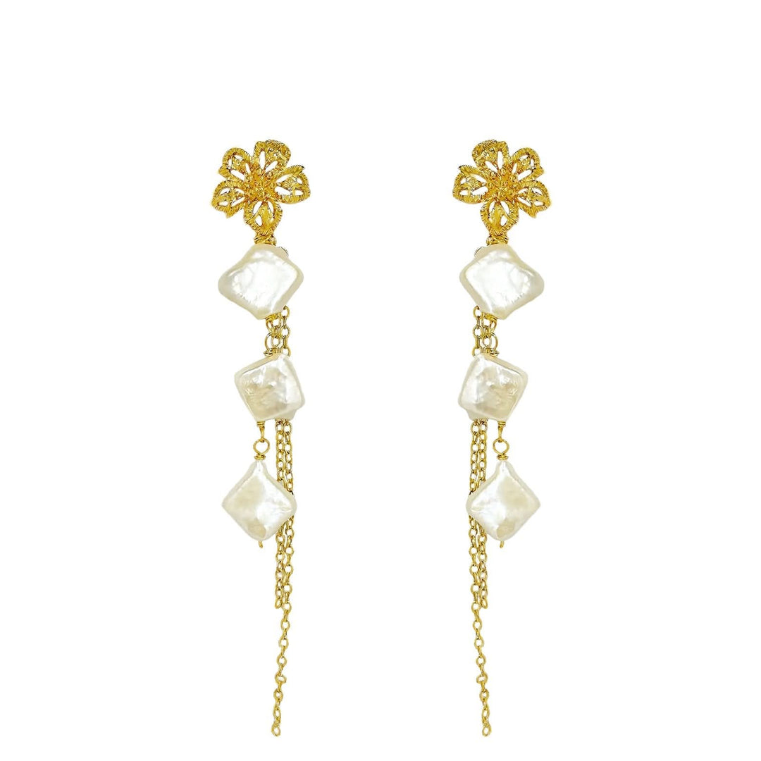 Gold Vermeil Flower Dangle Pearl Chain Earrings