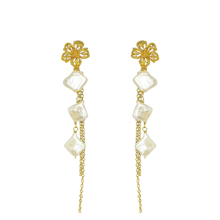 Gold Vermeil Flower Dangle Pearl Chain Earrings