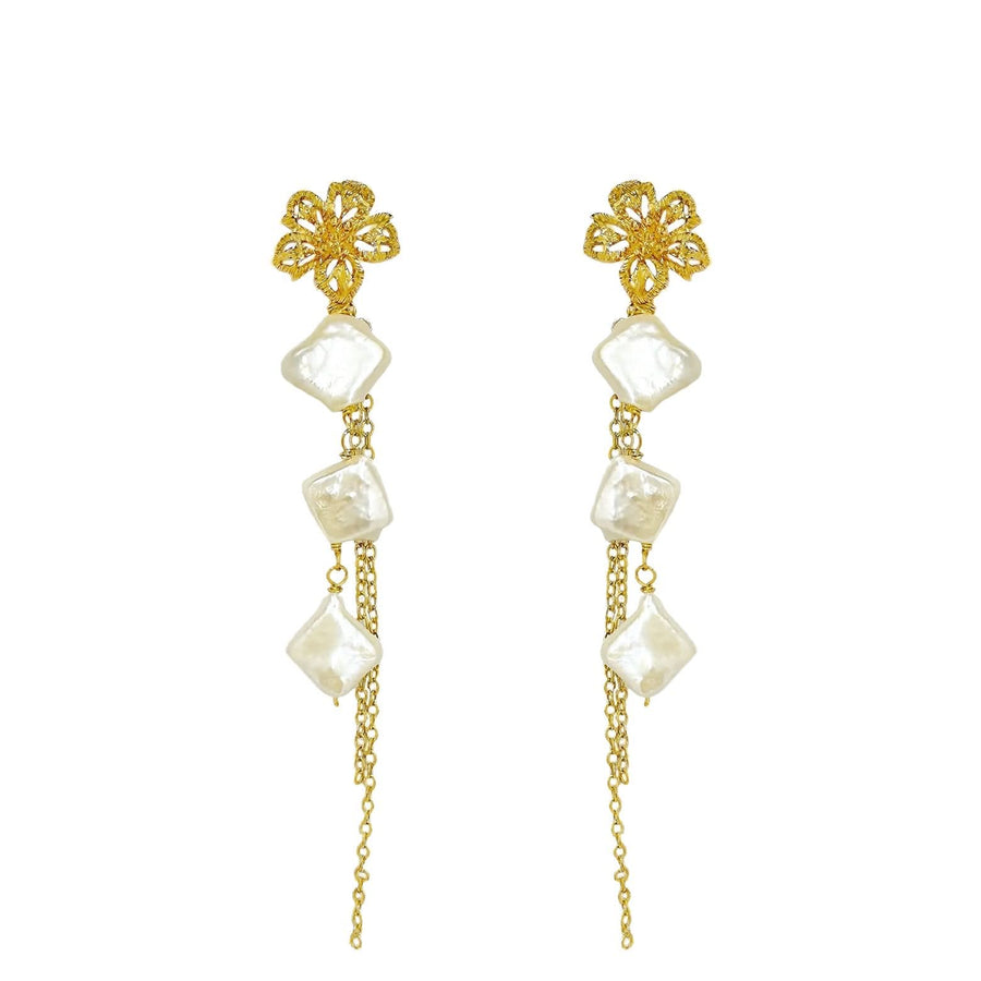 Gold Vermeil Flower Dangle Pearl Chain Earrings