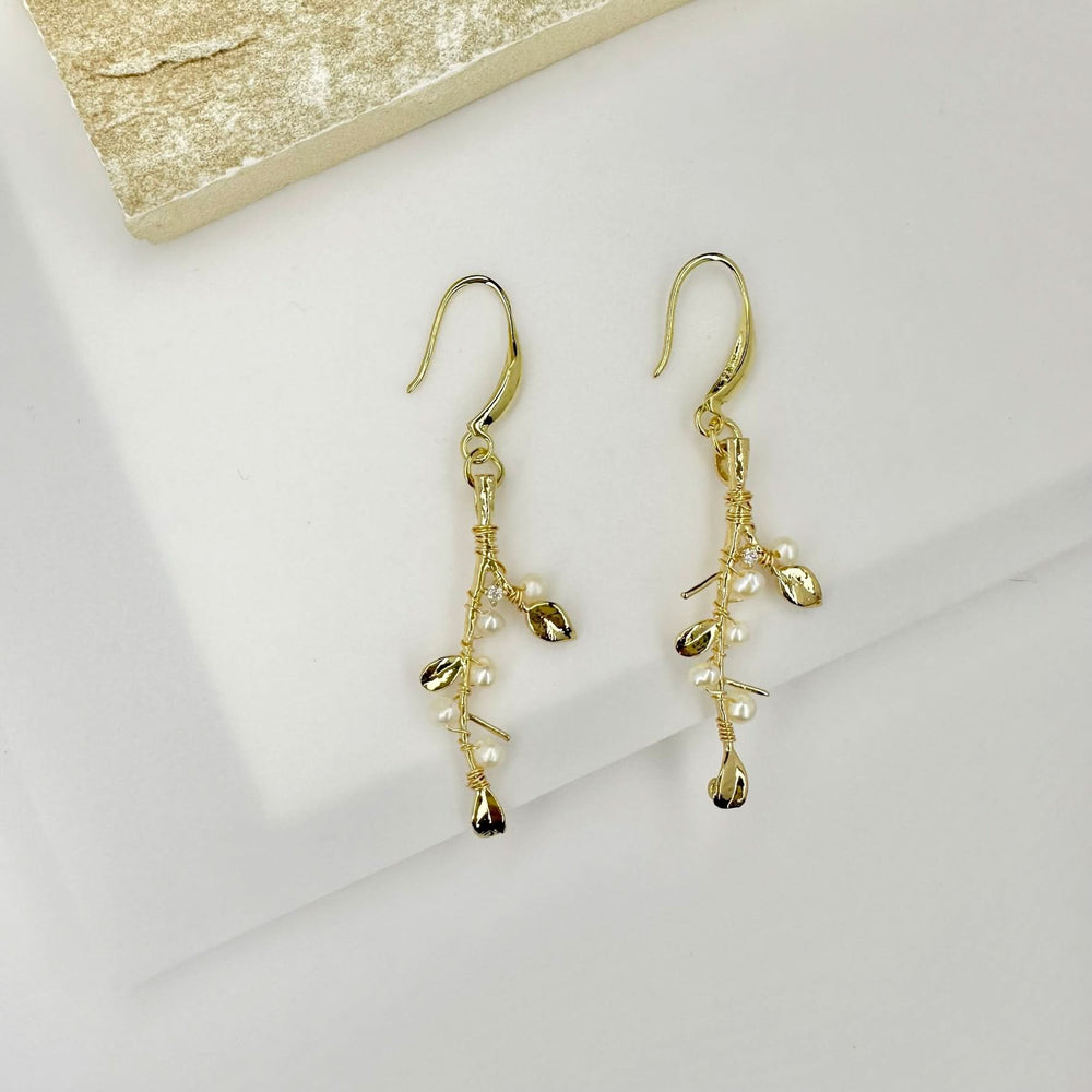 Gold Vermeil Leaves Pearls Drop Earrings