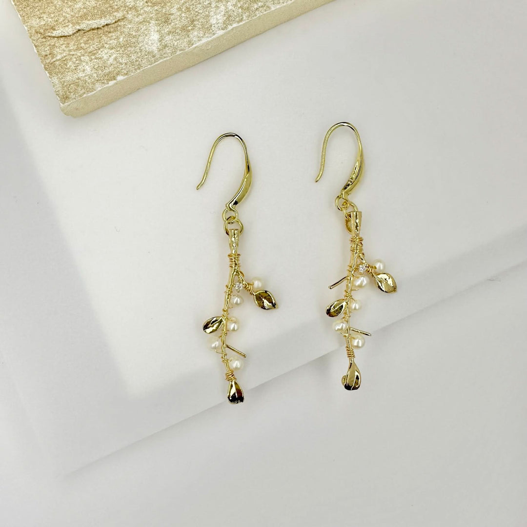 Gold Vermeil Leaves Pearls Drop Earrings