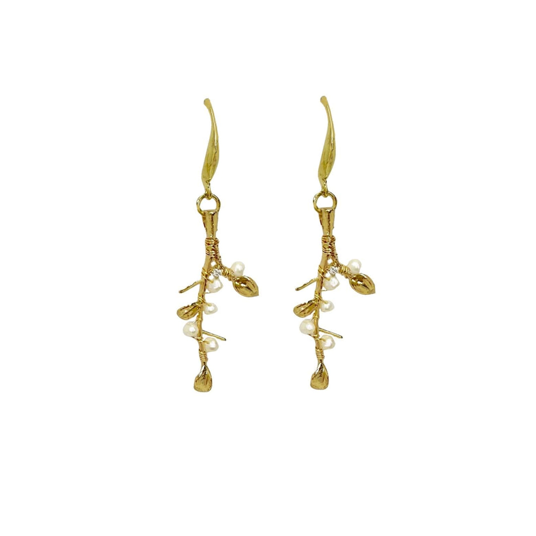 Gold Vermeil Leaves Pearls Drop Earrings