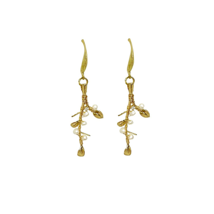 Gold Vermeil Leaves Pearls Drop Earrings