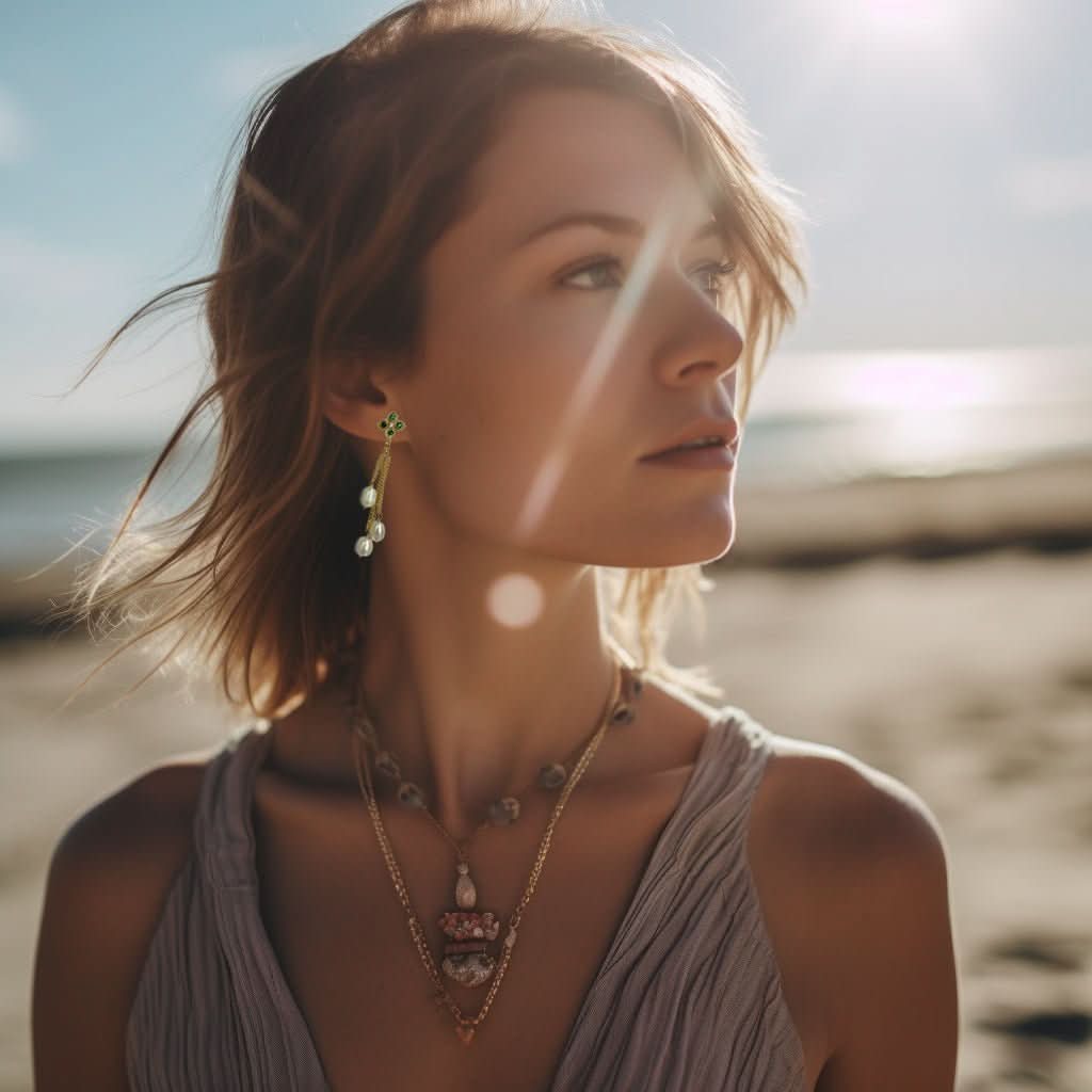 Green diamond chain drop pearl earrings