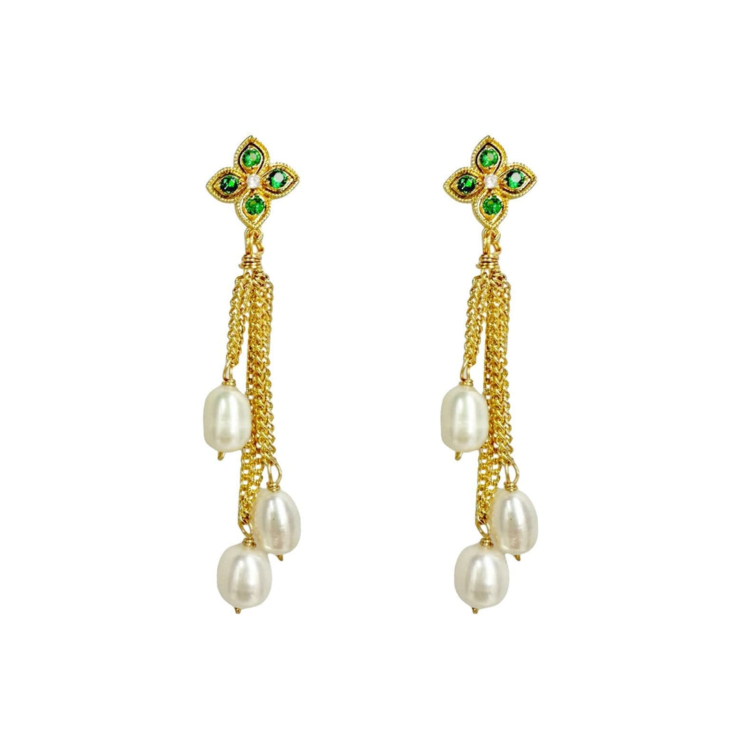 Green diamond chain drop pearl earrings