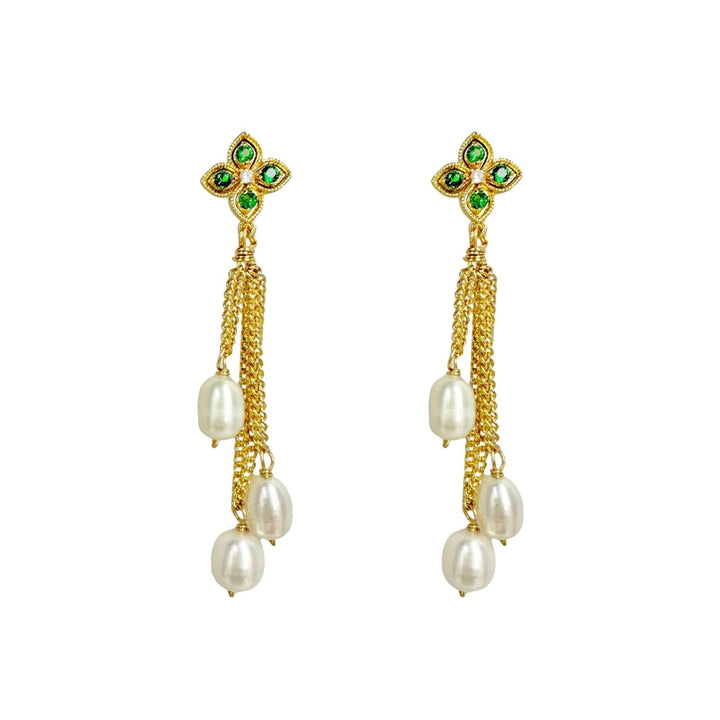 Green diamond chain drop pearl earrings