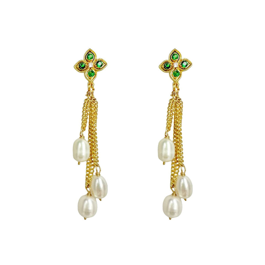 Green diamond chain drop pearl earrings