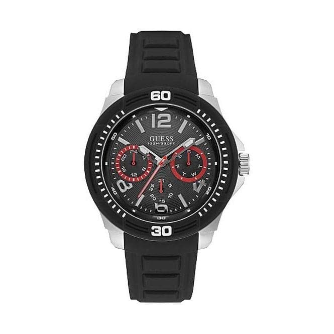 Guess Gents Silver Watch Black Multifunctional Dial And Black Silicone Strap W0967G1Guess WatchesW0967G1