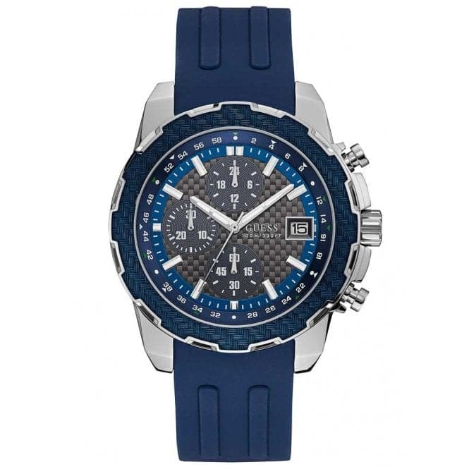 Guess Gents Silver Watch Blue Trim Grey Dial Blue Textured Silicone Strap W1047G2Guess WatchesW1047G2