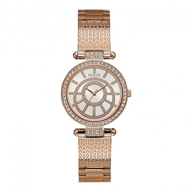 Guess Ladies Rose Gold Watch White Dial Rose Gold Textured Bracelet W1008L3Guess WatchesW1008L3