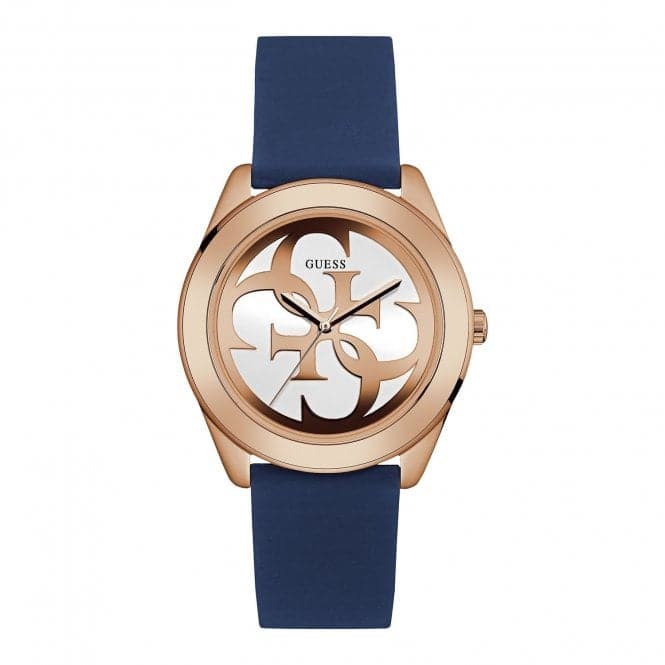 Guess Ladies Rose Gold Watch White Logo Dial And Blue Silicone Strap W0911L6Guess WatchesW0911L6