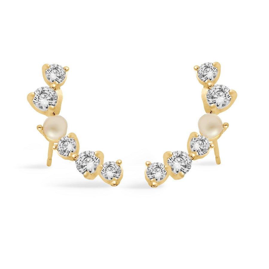 Halo Pearl Cubic Zirconia & Pearl Crawler Gold Plated Earrings 8111Joma Jewellery8111