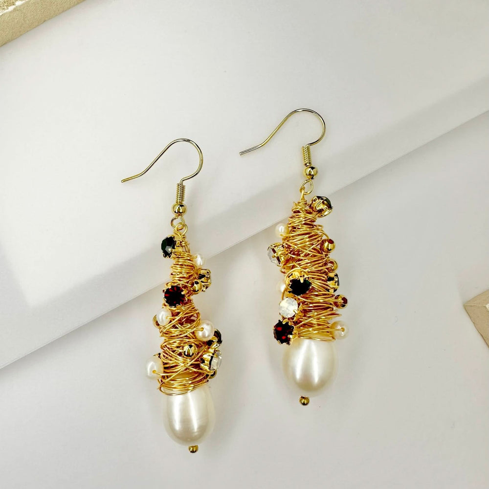 Handmade Gold Thread Wrapped Pearls Earrings