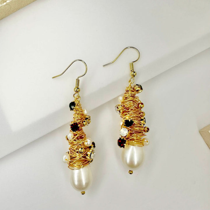 Handmade Gold Thread Wrapped Pearls Earrings