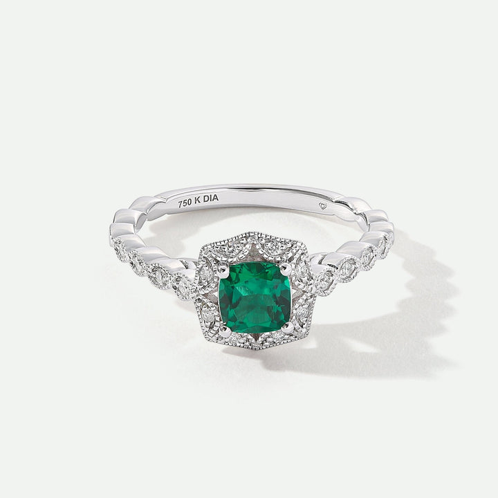 Harlow | 18ct White Gold 0.08ct tw Lab Grown Diamond and Created Emerald Vintage RingCreated BrillianceBA0071856 - M