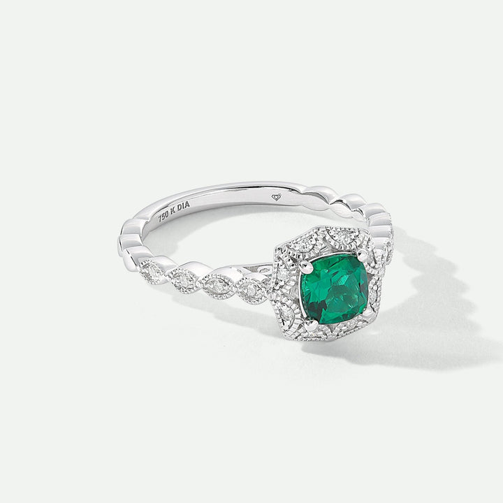 Harlow | 18ct White Gold 0.08ct tw Lab Grown Diamond and Created Emerald Vintage RingCreated BrillianceBA0071856 - M