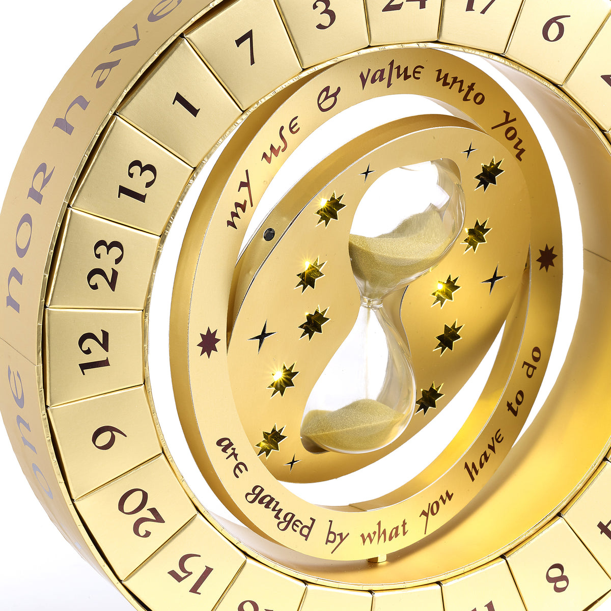 Gold hourglass design with text on a white background