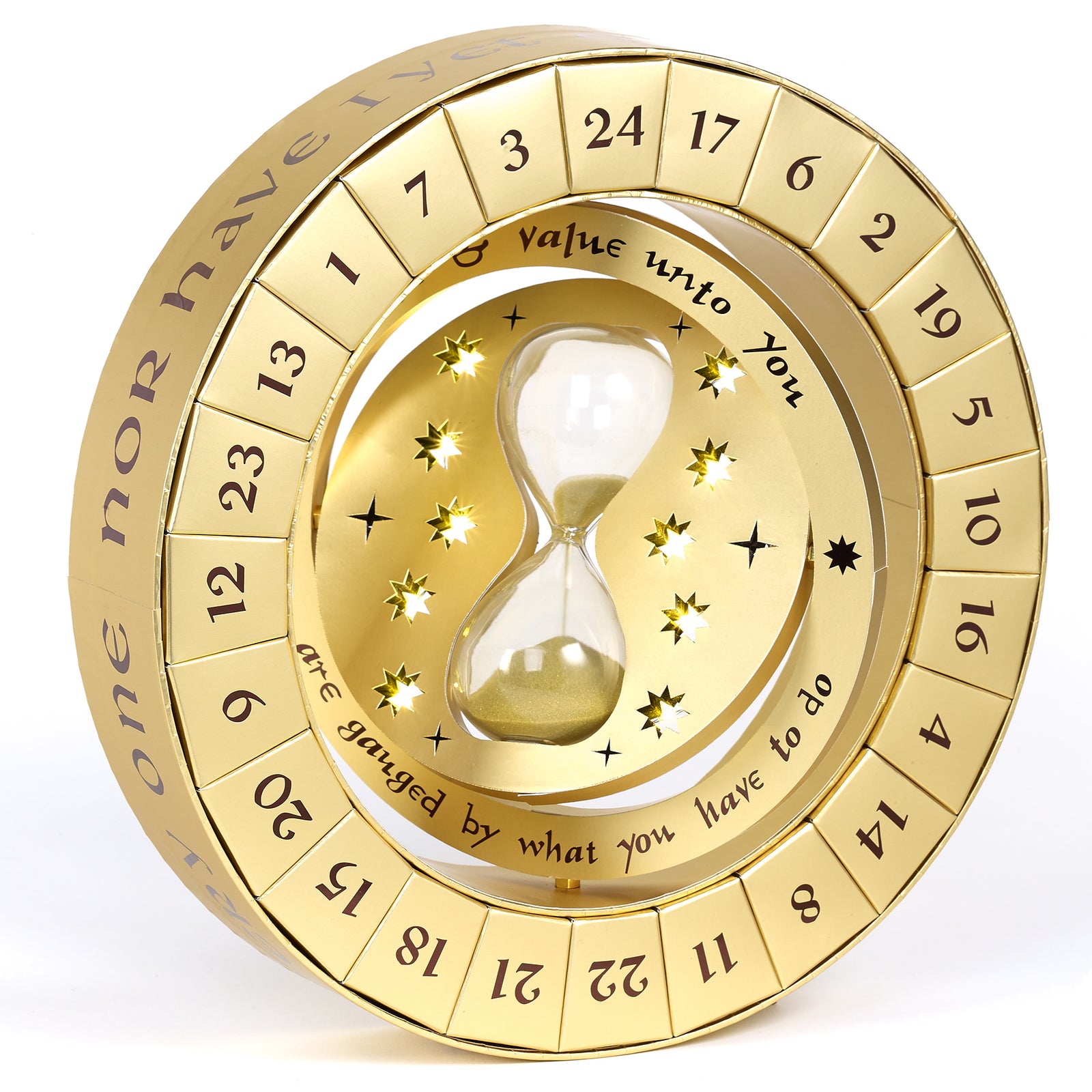 Gold hourglass design with numbers and text on a white background