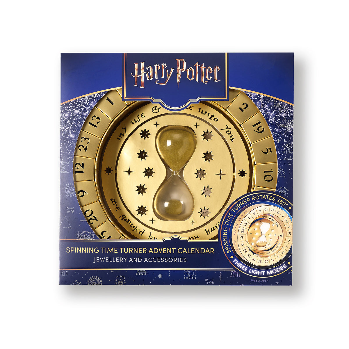 Harry Potter spinning time turner advent calendar packaging on a white background