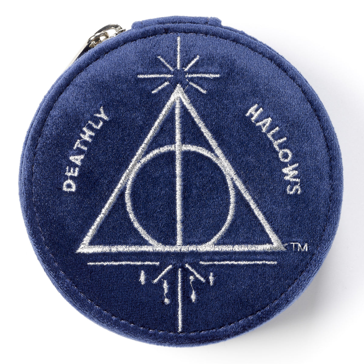 Navy blue round pouch with 'Deathly Hallows' symbol on a white background