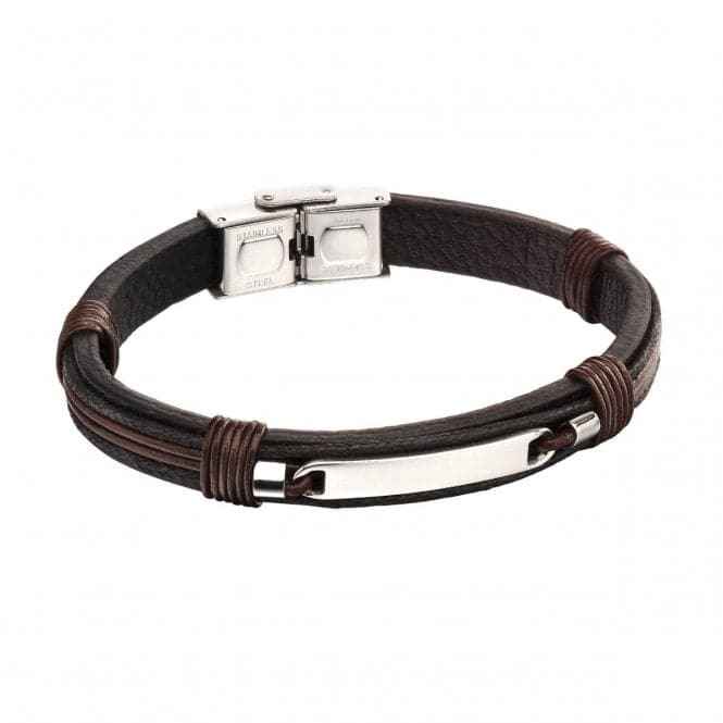 ID Bar Black Leather Brown Cord Detail Bracelet B5416Fred BennettB5416