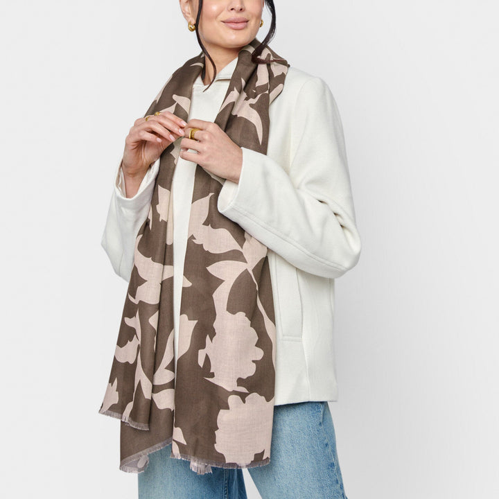 Katie Loxton Chocolate / Nude Pink Abstract Floral Printed Scarf KLS596Katie LoxtonKLS596