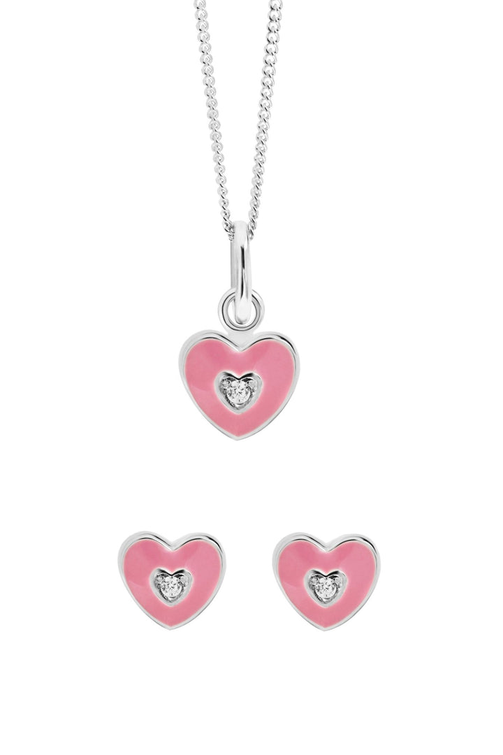 Kids Sterling Silver Pink Enamel Cubic Zirconia Heart Pendant & Stud Earring SetThe Fine CollectiveBA0072495