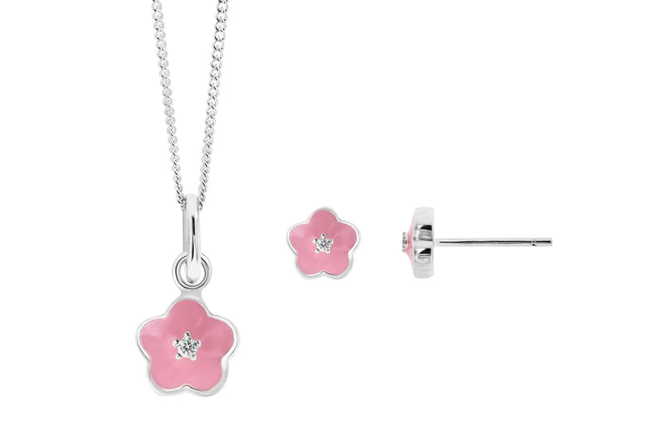 Kids Sterling Silver Pink Enamel & Cubic Zirconia Pendant & Earring SetThe Fine CollectiveBA0072489