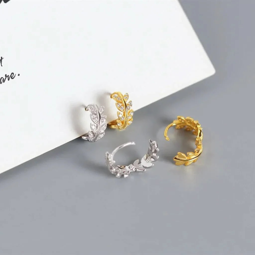 Leaf Diamond Hoop Earrings in Sterling Silver