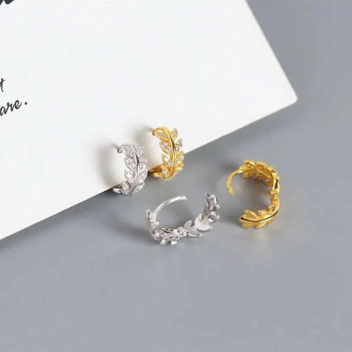 Leaf Diamond Hoop Earrings in Sterling Silver