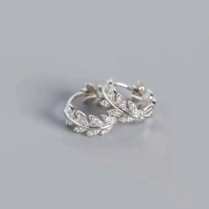 Leaf Diamond Hoop Earrings in Sterling Silver