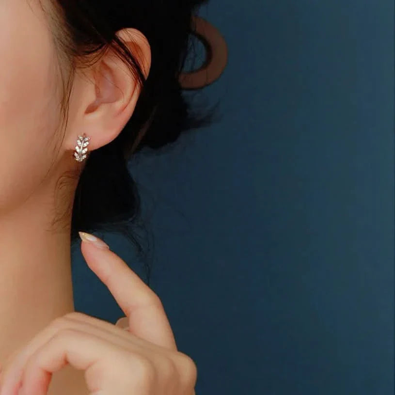 Leaf Diamond Hoop Earrings in Sterling Silver