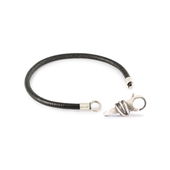 Black leather bracelet with silver clasp on a white background