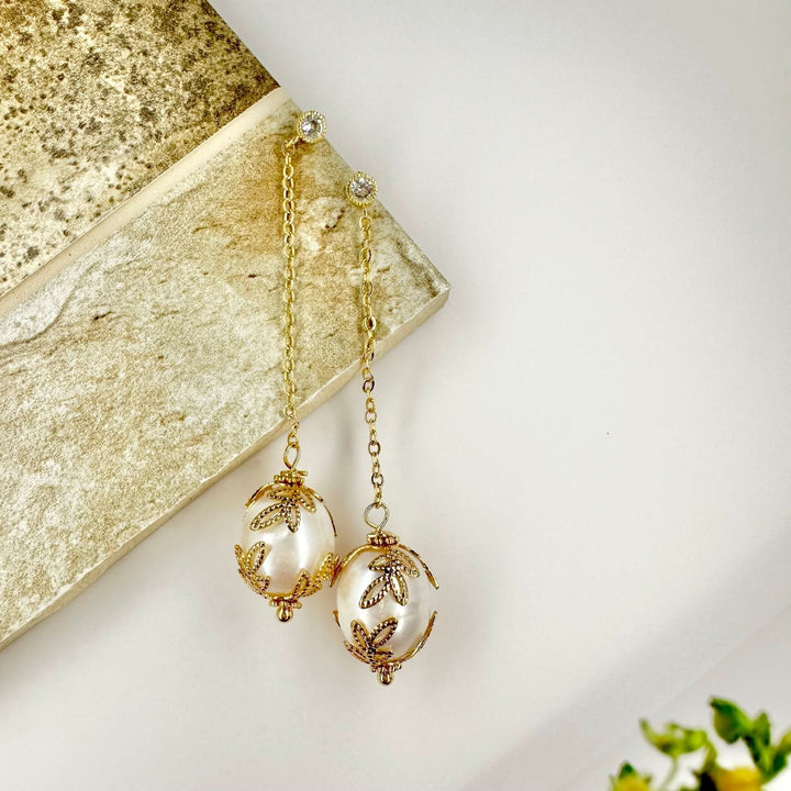 Marquise Gold Chain Pearl Drop Earrings