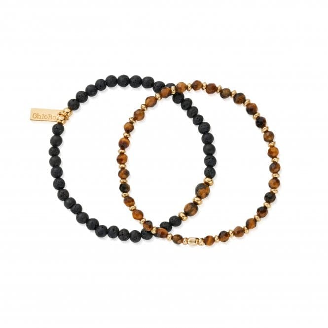 Men's Gold Black Lava & Tiger's Eye Set Of 2 Bracelets GBSETBLTEMChloBoGBSETBLTEM