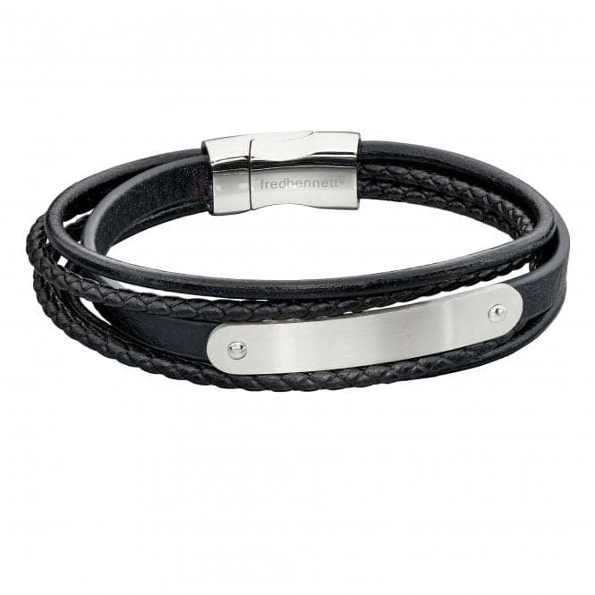 Mens Woven Black Leather Multi ID Bar Bracelet B5282Fred BennettB5282