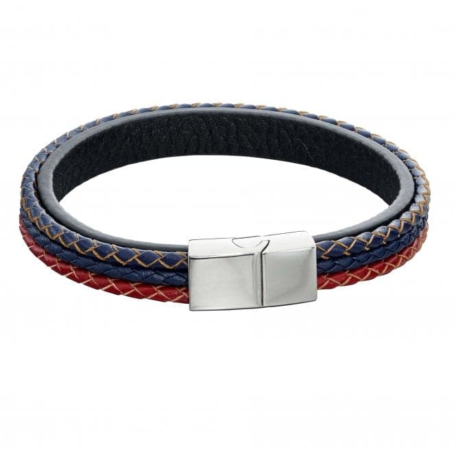 Mens Woven Blue Red Grey Leather Magnetic Clasp Bracelet B5283Fred BennettB5283